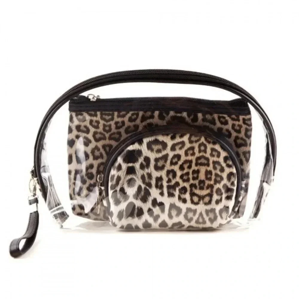 Boutique NWT Leopard print clear 3pc travel pouch set Brown makeup cosmetic